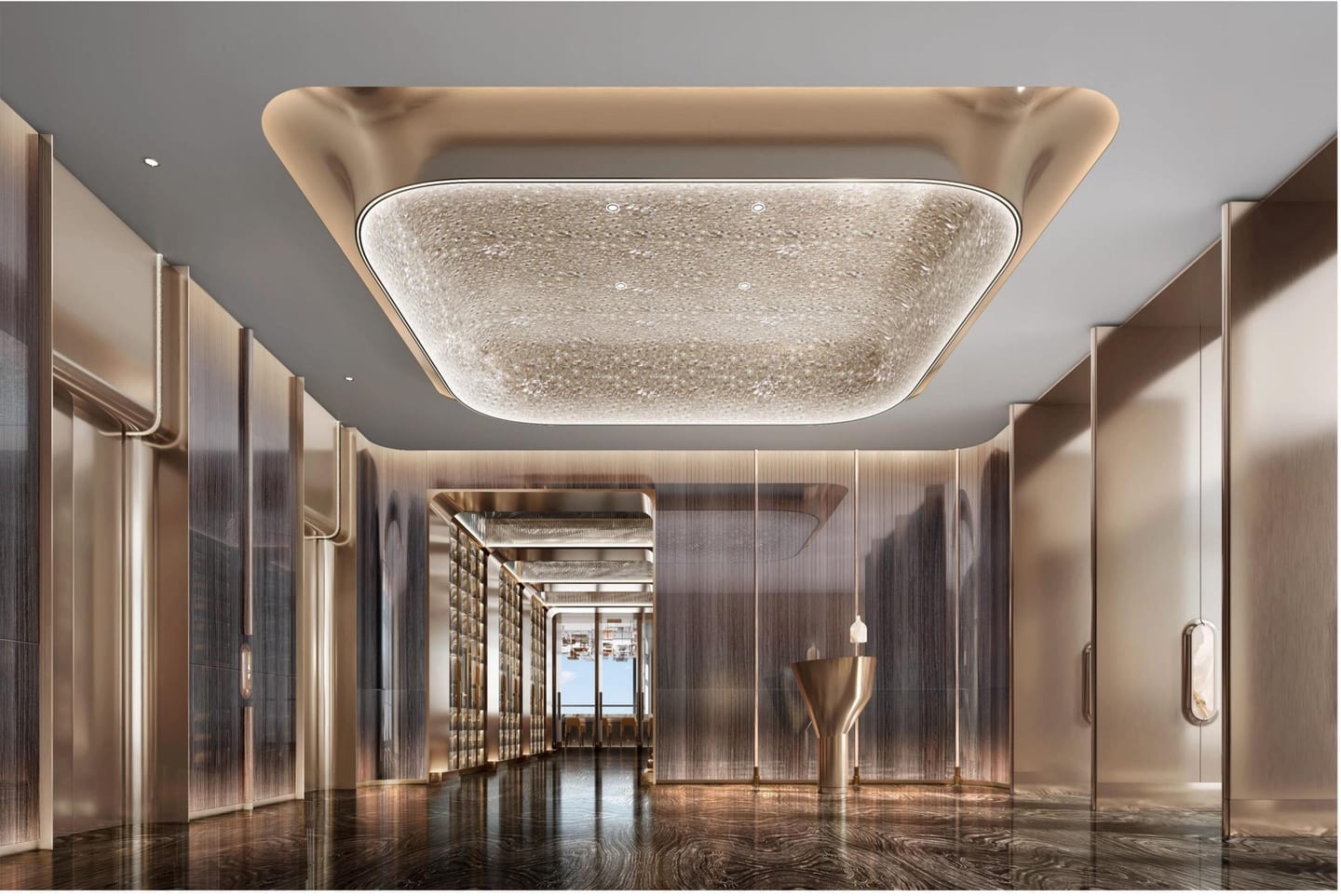 Boutique club lobby with sculptural ceiling, stone floor and warm timber