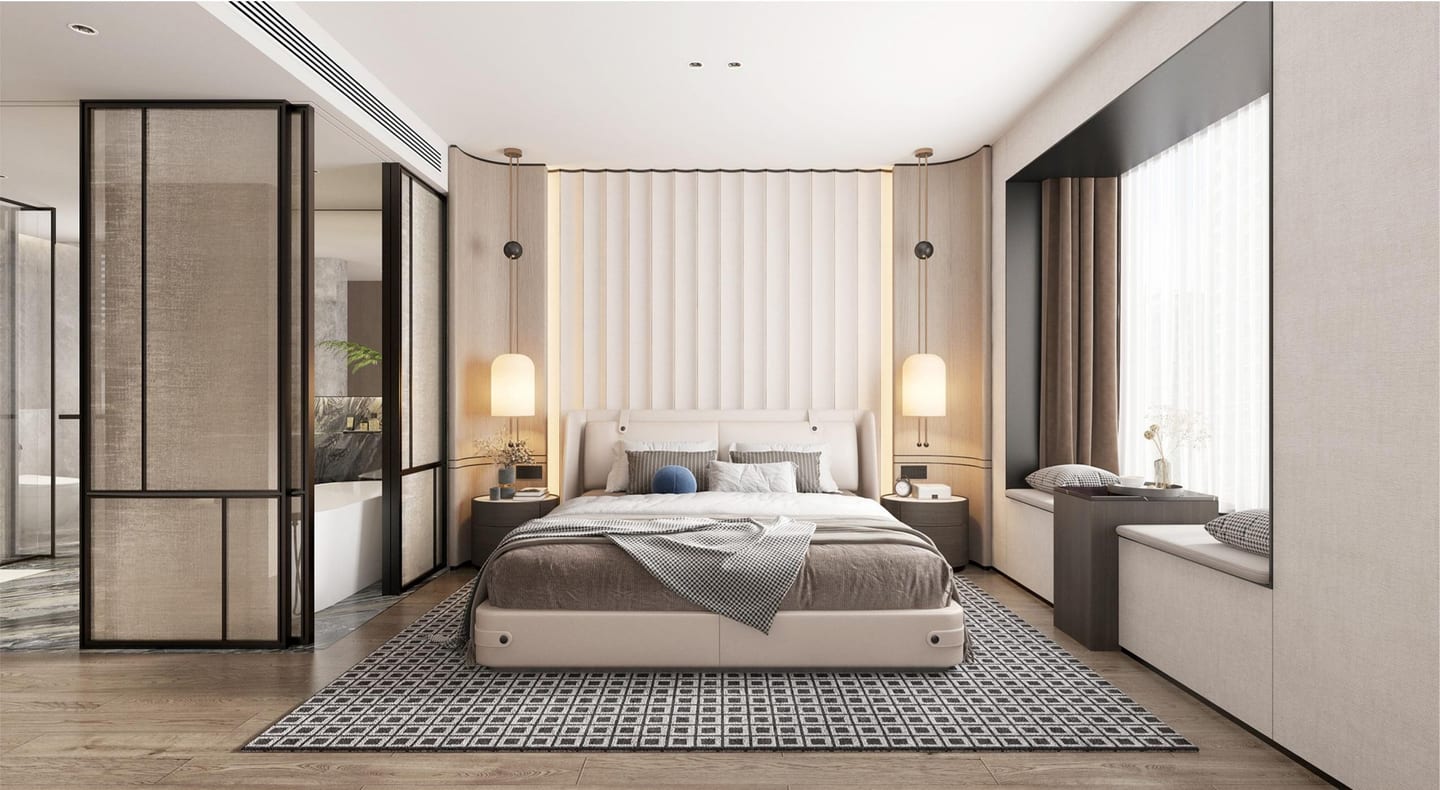 Quiet residential bedroom suite with integrated dressing and bathroom zones