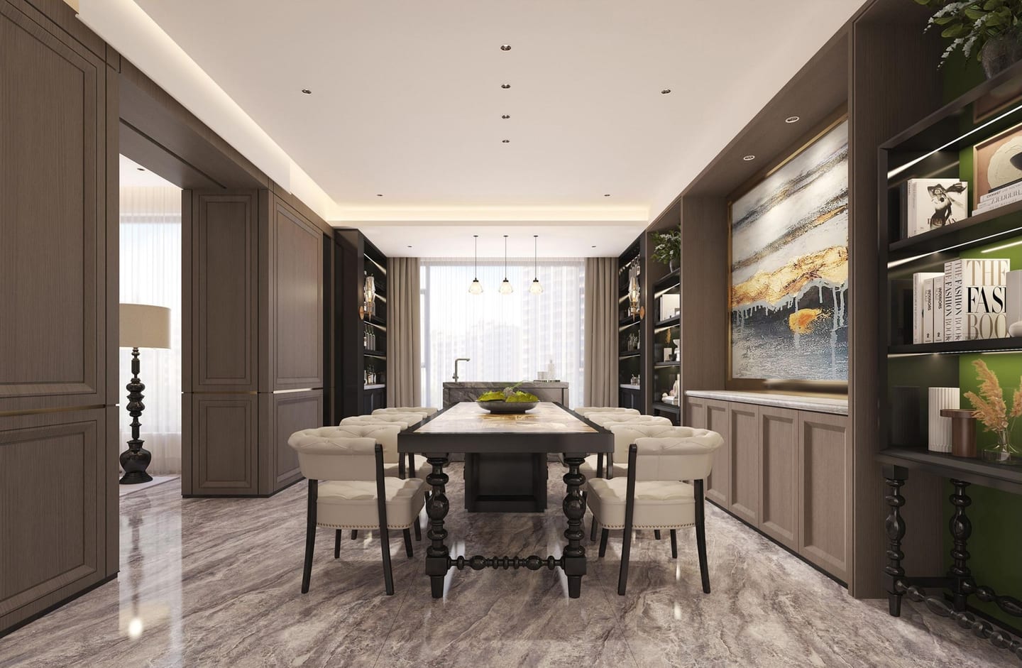 Contemporary residential dining and library space in dark timber tones