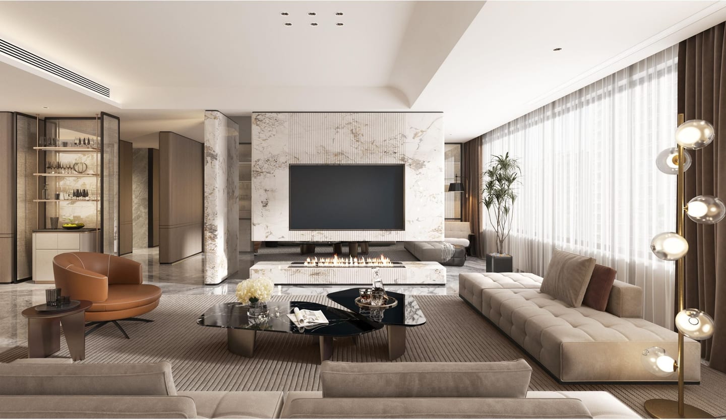 Modern premium residence with stone, timber and soft neutral furnishings