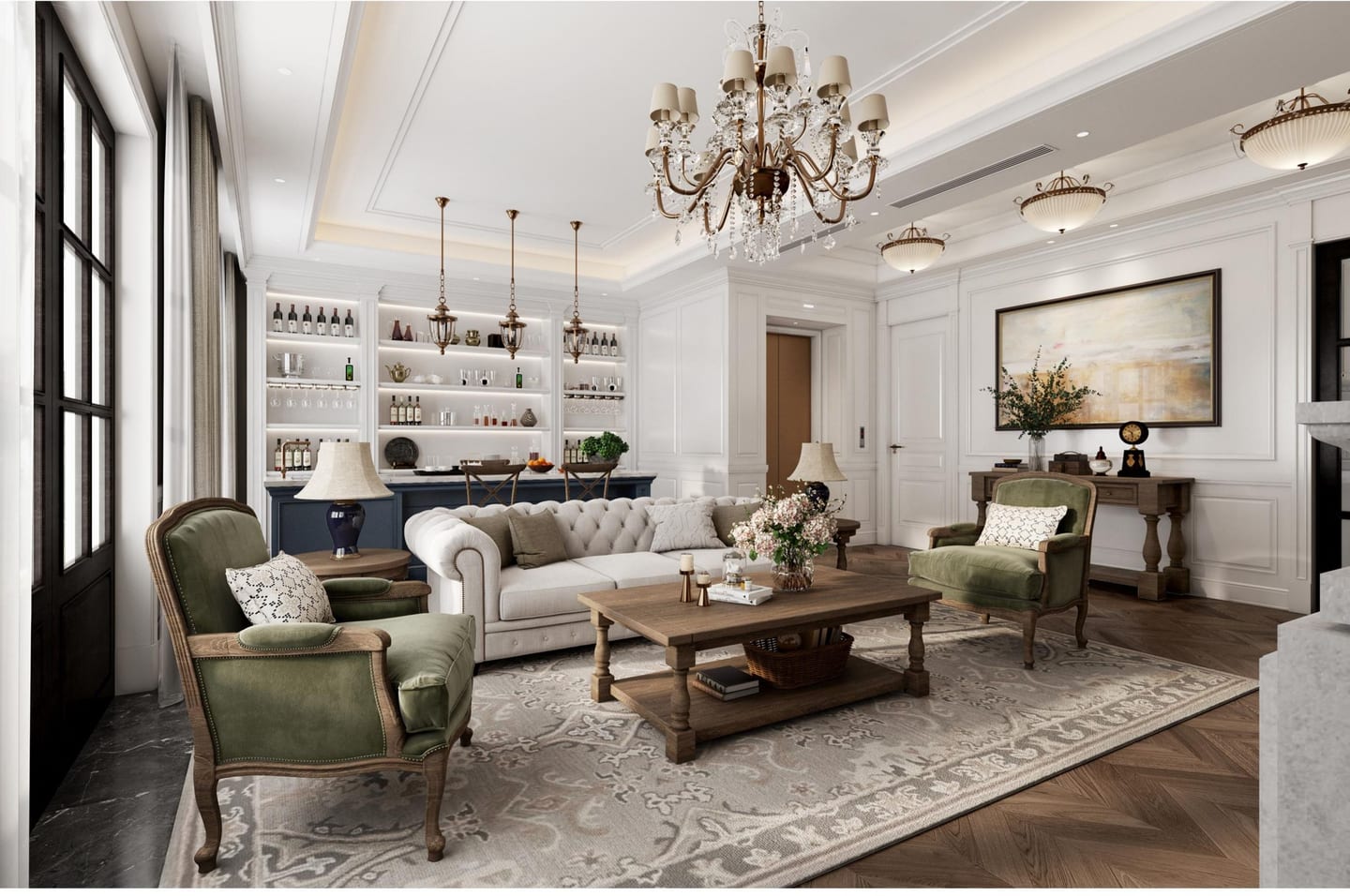 Warm premium villa living room with layered lighting and tailored furniture