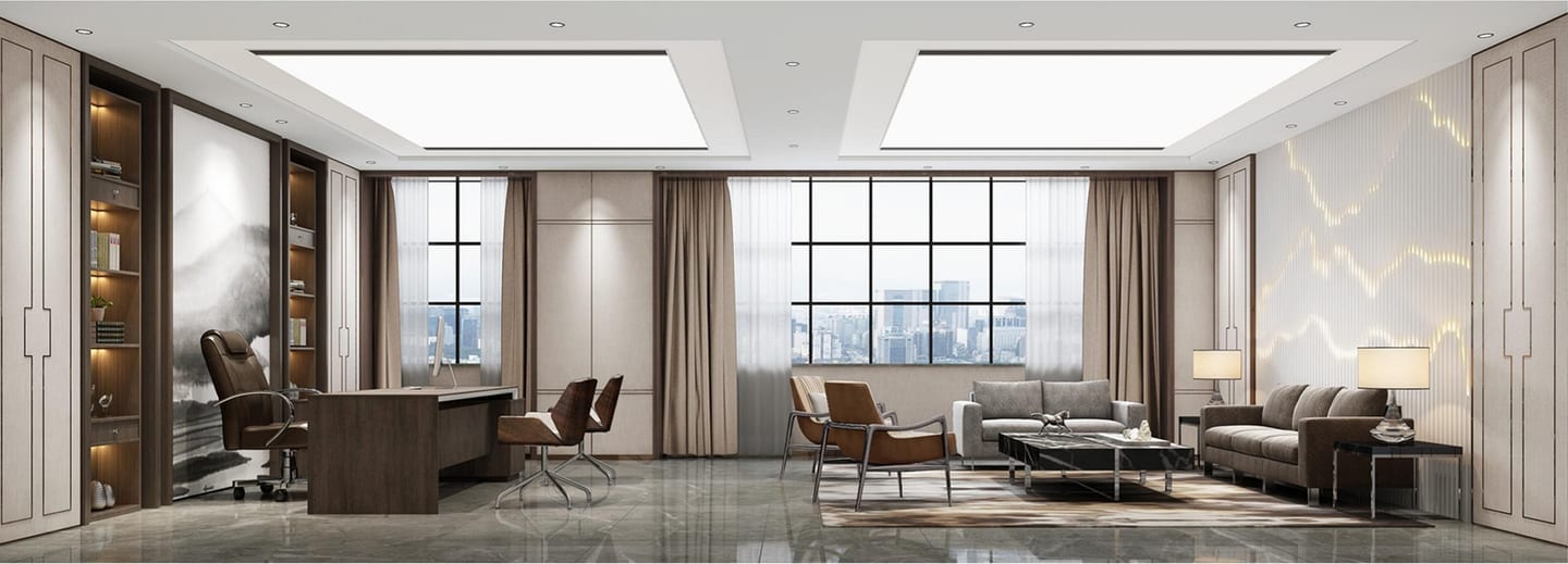 Executive office suite with restrained materials and integrated meeting area