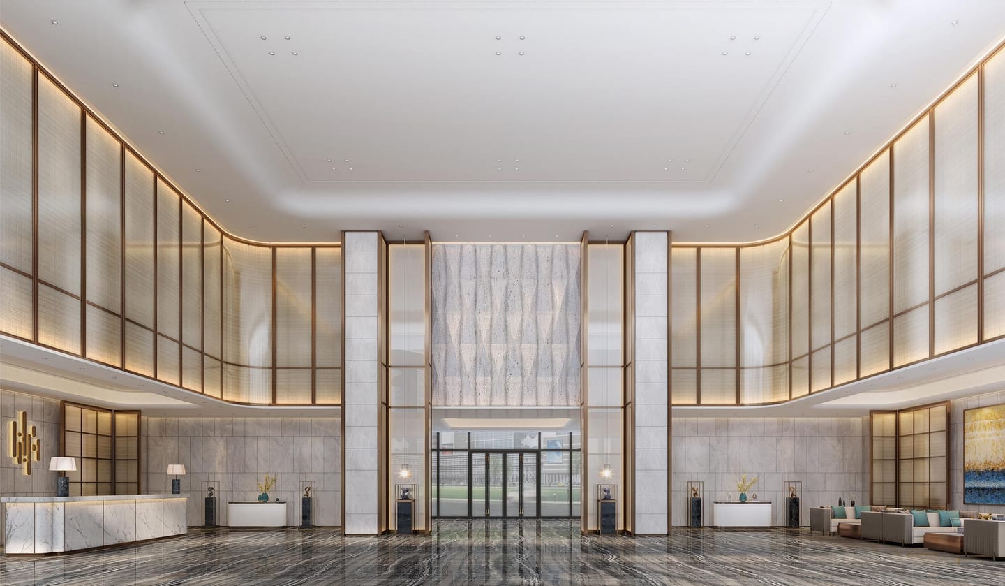 Warm corporate lobby with architectural lighting and hospitality-inspired seating