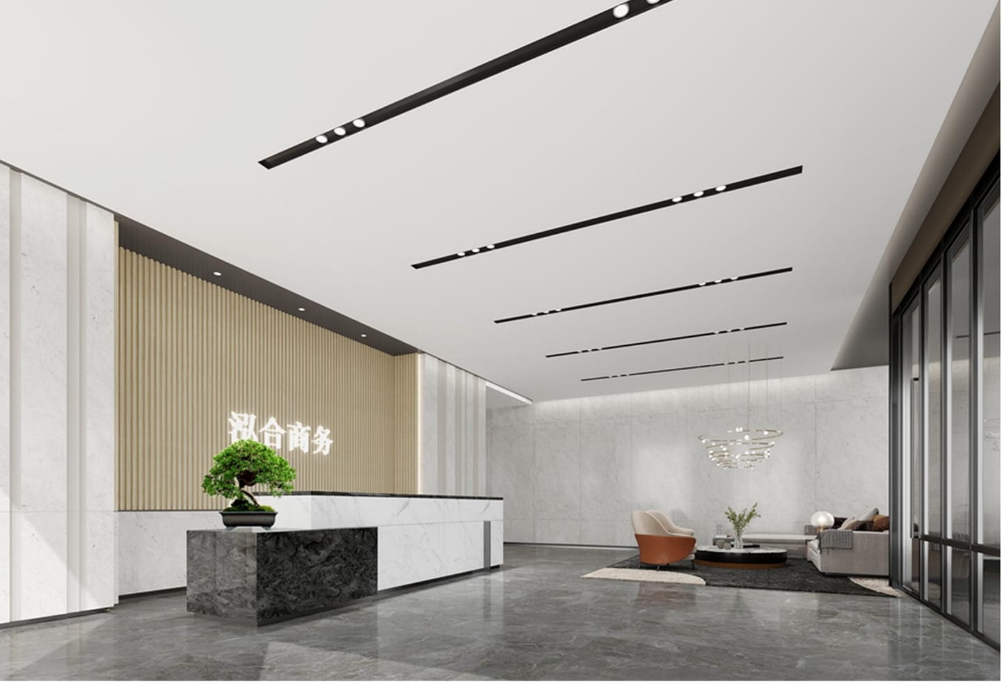 Minimal corporate reception defined by linear ceilings and stone surfaces